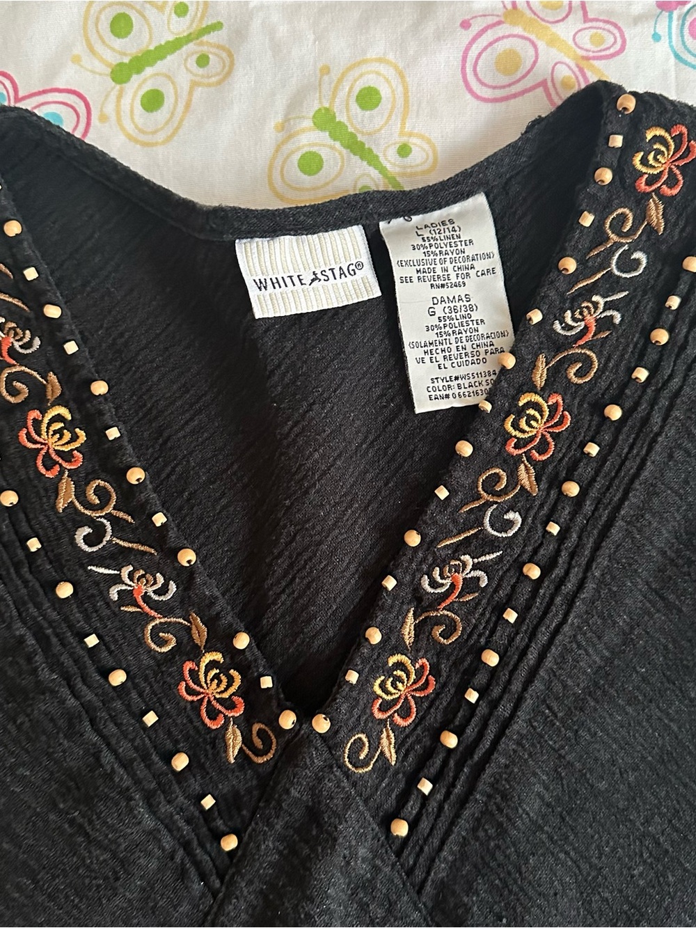 White Stag Black Beaded Floral Embroidered Neckline Top - Picture 4 of 5